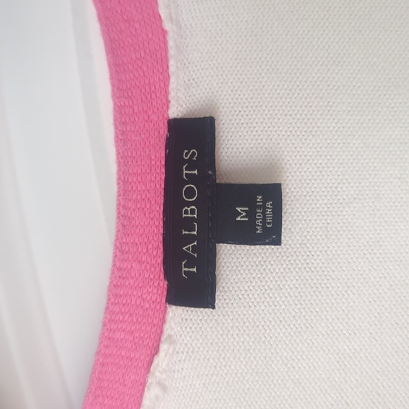 Talbots Midnight Navy and cream striped v neck sweater with pink trim. Size M - Picture 2 of 5